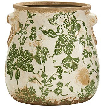 Nearly Natural 6.5in Ceramic Decorative Vase, Tuscan Style Green Floral Scroll Design For Indoor Home Shelf Table Decor