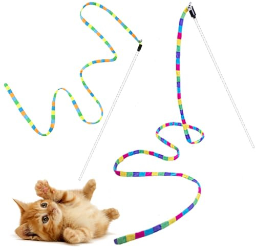 FYNIGO Interactive Cat Rainbow Wand Toys for Indoor Cats and Kittens,Extended Colorful Cat Teaser Wand String Plush Toy,Original Product Strong and Sturdy Pole with Bells(2 Pack)