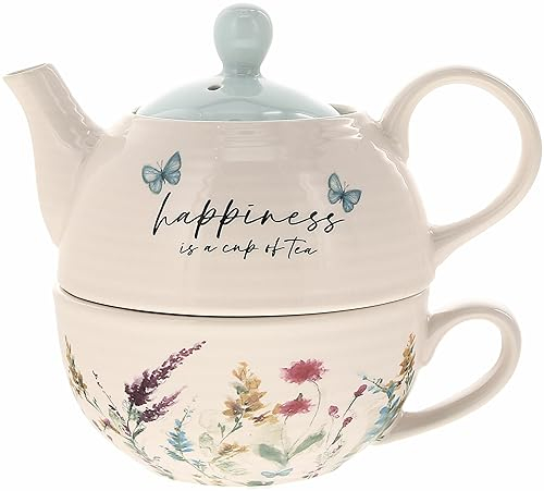 Pavilion Gift Company - Happiness 14.5 oz Ceramic Teapot and Tea Cup Set, Watercolor Floral Tea for One Set, Floral Teapot with Cup, Stacked Teapot Cup, Summer Kitchen Decor, 1 Count, Blue