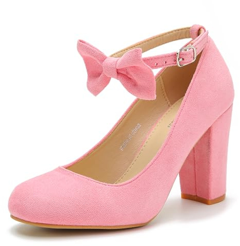 MAIERNISI JESSI Women's Bow Ankle Strap Pumps Block Heel Round Closed Toe Mary Jane Dress Shoes, Pink, 9 UK
