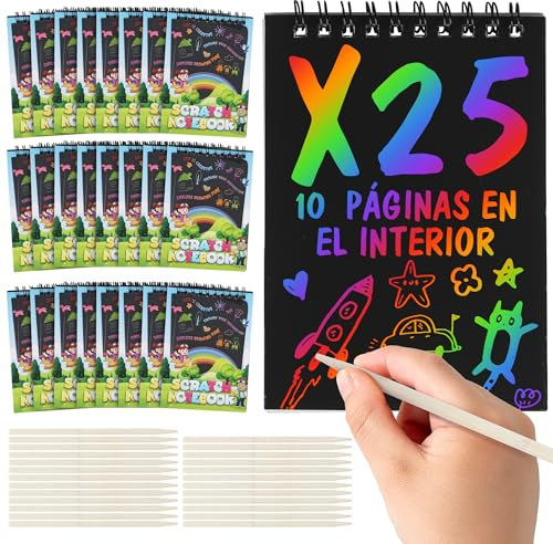 Pack regalos cumpleaños niños colegio 25 libretas scratch art - detalles cumpleaños niños regalitos invitados cumple carnaval alumnos primaria manualidades clase dibujo papel rascar 4 5 6 7 8 años
