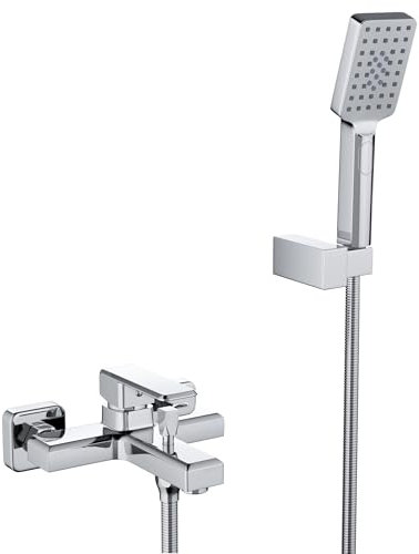 MORADO Mezclador de ducha monomando, grifo de ducha monomando montado en la pared con manguera de ducha de 150 cm y ducha de mano de 3 funciones, latón macizo, acabado cromado, forma cuadrada, montado
