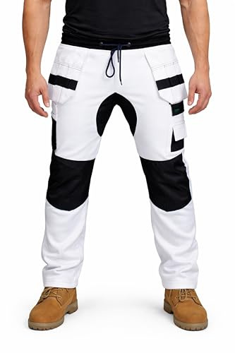 HASHOOB TRADING FZE Mens Painter White Work Trousers Fleece Decorators Cargo Safety Combat Trousers Pants (Two-White, XL)
