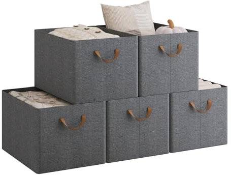 WOLTU ABB11gbn-5-UK Foldable Storage Boxes Set of 5, Fabric Storage Cubes with Handles, Stacking Boxes for Clothes and Toys, Grey, 47 x 35 x 30 cm