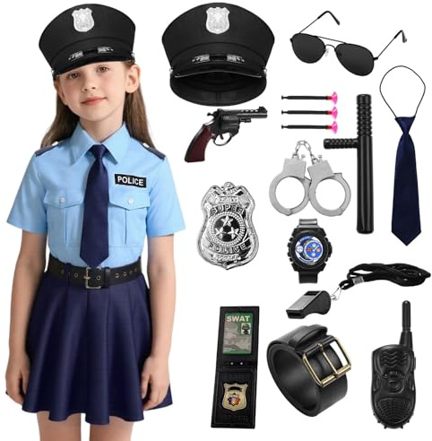 Marypaty Disfraces de Policias para Niños Disfraz de Policias de Lujo Disfraces de Halloween Niño Niña Uniforme de Policia Accesorios (Niña, Large)