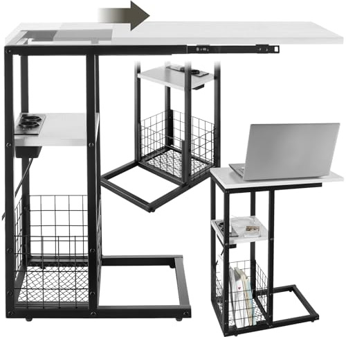 tectake® Tavolino Supporto PC Portatile con Forma a C, Tavolino da Letto con Stazione di Ricarica Integrata, Tavolino da Divano con Piano Scorrevole, Tavolo con Vassoio Portaoggetti - Bianco