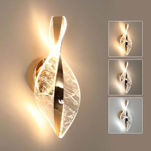 Comely Lampada da Parete LED Moderna, Oro 3 Temperature Applique LED 3000K/4500K/6500K in Acrilico, 12W 2000LM Lampada a Muro LED per Corridoio, Camera da Letto, Soggiorno