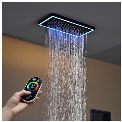 PINCHU Cabezal De Ducha LED Rectangular De 40 X 20cm Cabezal De Ducha De Techo Tipo Lluvia, Acero Inoxidable 304, con Control Remoto Y 64 Luces De Colores