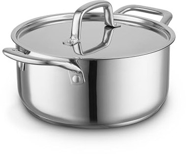 Sur La Table 24cm Casserole with Lid, Riveted Steel Handles, Induction Compatible, Oven Safe Up To 220°C, Stainless Steel, SLT900228