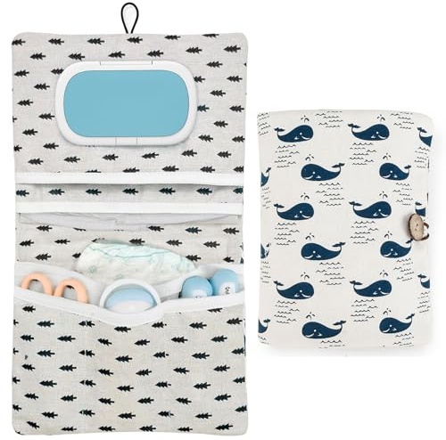 Druuzyl Bolsa De Pañales 2 En 1 Organizador Pañales Portátil y Bolsa de Cosméticos, Porta Toallitas, Cambiador Plegable para Viajes Organizador para Bebés Reutilizable (Tema de Ballena)