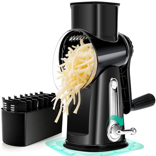 EVUCBEITS Rotary Cheese Grater Hand Crank - Cheese Shredder with 5 Blades & Strong Suction Base, Mandoline Slicer Vegetable Chopper, Kitchen Gadgets with Storage Box, Black