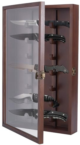 UNICRAFTALE Vitrine Murale ou de Bureau en Bois à Porte Acrylique verrouillable pour Couteaux Militaires pliants avec Support Teinte Noix de Coco et boîte vitrine de 10.35x17.04x2.55/263x433x65mm