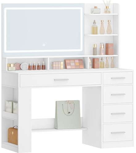 Hzuaneri Sminkbord med Stor HD-spegel, Sminkbord med LED-ljus, 6 Öppna Fack, 5 Lådor och Öppen Förvaring på Sidan, Omklädningsrum för Sovrum, Enkel, Vit DT44003XEU