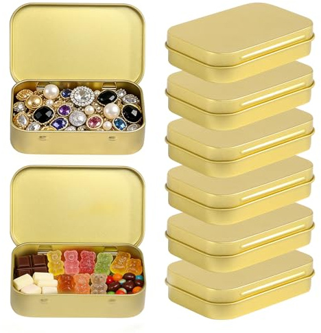 Gyism 6Pcs Golden Metal Rectangular Hinged Tin Container with Lids, 9.5×6×2cm Small Decorative Tins with Lids, Small Metal Box for Candies Jewelry DIY Home Organizer (Golden)