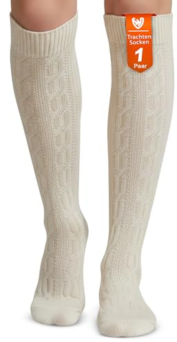 German Wear - Chaussettes hautes tricotées pour costume traditionnel, 70 cm - Ecru - 38/40 FR