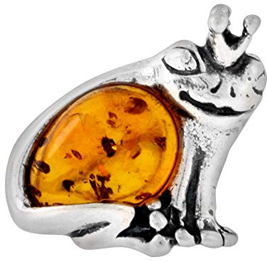 Sterling Silver Baltic Amber Frog Prince Brooch Pin for Women Antiqued Finish Approx. 11/16 inch Wide