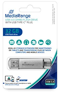 MediaRange USB 3.1 und TypeC Speicherstick 32GB - Combo Flash-Laufwerk mit Schutzkappen, Externe Speichererweiterung mit Lesegeschwindigkeit von bis zu 60 MB/s, Farbe Silber