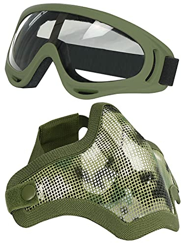 AOUTACC Airsoft Half Face Masks Steel Mesh Mask and Goggles Set for CS/Hunting/Paintball/Shooting (AOR2)