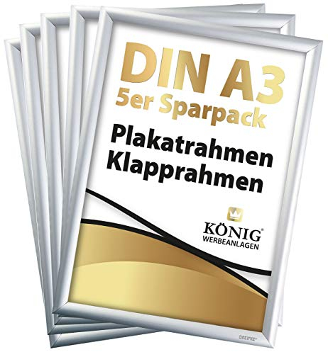Dreifke 5 Plakatrahmen DIN A3 | 25mm Aluminium Profil, Silber | inkl. entspiegelter Schutzscheibe | Alu Klapprahmen Wechselrahmen Posterrahmen | 5er Sparpack