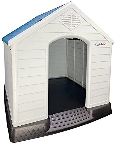 HugglePets Raised Plastic Dog Kennel XL Easy Clean Outdoor Pet House Weatherproof Durable Shelter (Blue Roof)