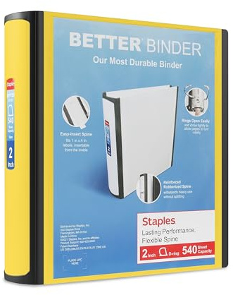 Staples Better Binder, 2 Heavy‑Duty D‑Ring 3‑Ring Binder, Yellow, Reinforced Spine, 540‑Sheet Capacity, Durable for School, Office, Filing & Presentations, 2‑Pack