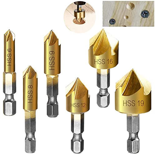 lfdhcn 6Pcs 1/4 Hex HCS Fraise à Chanfreiner 5 Flûte Foret Embouts pour phanfreiner Évier à Fraise Conique 6mm/8mm/9mm/12mm/16mm/19mm Pour Bois Métal