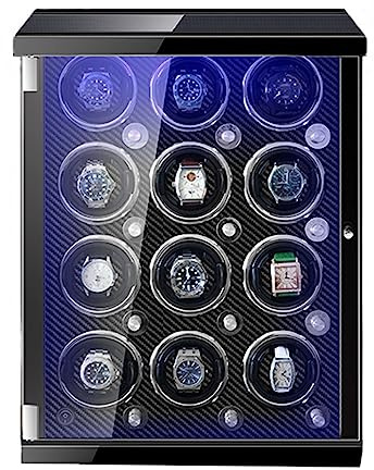 LSRRYD Enrollador De Reloj 12 Espacios De Bobinado For Relojes Automáticos Cojines De Reloj Ajustables Estuche De Reloj Iluminación Incorporada (Color : B, Size : 12+0)
