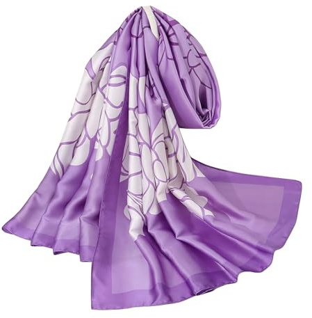 LANKEE Foulard en soie pour femmes châle bleu tachetée Silk Scarf Women Shawl Stain Neckerchief Head Wrap Thin Scarf Beach Shawl Vintage Bridal Chiffon Muslim Colorful Cloth Belt (Fleurs Violettes)