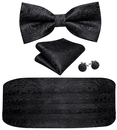 Barry.Wang Ensemble Ceinture et Nœud Papillon pour Hommes Ceinture en Soie Nœud Papillon Pré-Liaison Mouchoir de Poche Boutons de Manchette, taille unique
