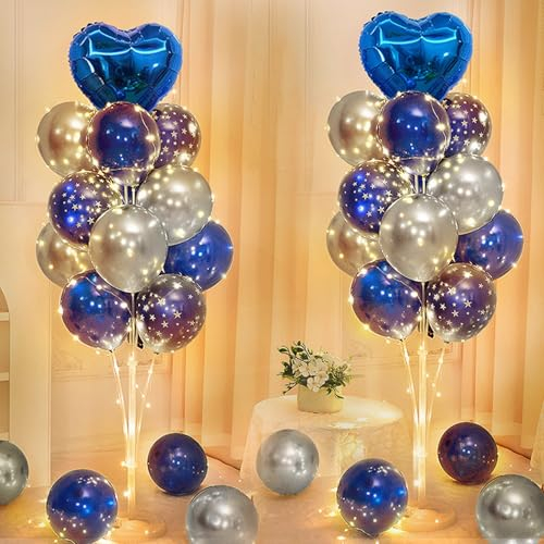 2 Pezzi LED Supporto per Palloncini, 1.3 m Palloncini Sticks Supporti, Riutilizzabile Bastoncini per Palloncini Kit con Blu Scuro Palloncini e Luci per Matrimoni, Compleanni, Feste