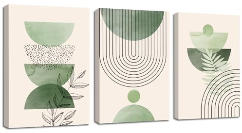 3 Pcs Quadri Moderni Verde Salvia Boho Stampa su Tela Con Cornice, Quadro Astratto Estetica Verde Pianta pittura su tela poster da parete Decorazione Murale Soggiorno Camera da letto 30x40cmx3