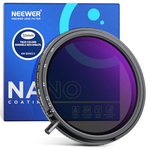 NEEWER 55 mm True Color Variabler ND och CPL-filter med tryckknapp, ND3-64 (1,5–6 stopp), 2 i 1 justerbar begränsad neutral densitet och polfilter, belagt optiskt HD-glastillbehör/alram