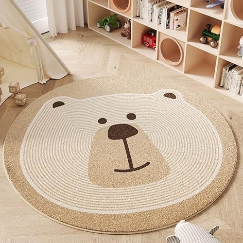 Poowe Round Kids Play Mat Baby Nursery Rug Round Educational Alphabet Soft Area Rug Non Slip for Children Toddlers Bedroom (Round 39.4, Brown Bear)