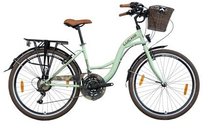 LUCHS 24 Zoll Feline Kinderfahrrad, Kinder, Fahrrad Hollandrad MIT RATTANKORB – Hollandrad, Cityrad mit 7 Gängen Mädchenfahrrad, Mädchen, Cityrad, Holland 38cm Rahmenhöhe // Minzgrün