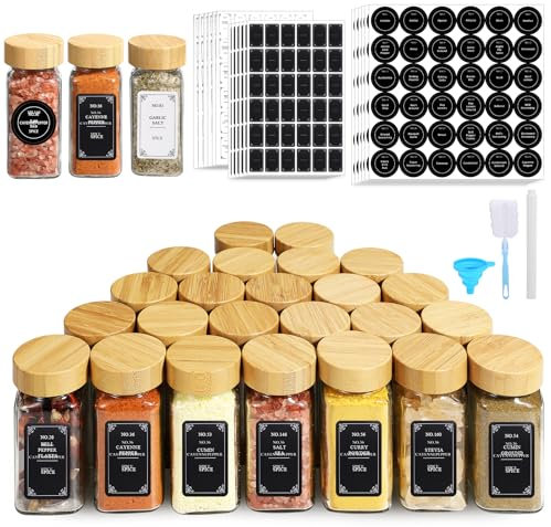 TrustKK Lot de 24 bocaux à épices en verre de 120 ml avec couvercles en bambou, pots à épices avec étiquettes et accessoires