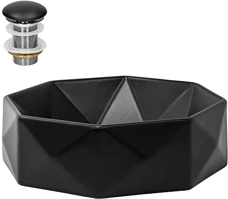 LuxeBath Waschbecken Keramik Schwarz matt Ø420 x 135 mm mit Ablaufgarnitur Schwarz, Diamant Design modern, Aufsatzwaschbecken Aufsatzbecken Aufsatzwaschtisch Waschschale Waschplatz Badezimmer/Gäste-WC