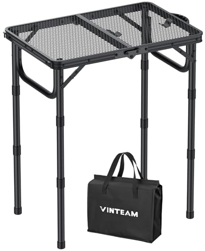 VINTEAM Mesa de Camping Plegable con 3 Alturas Ajustables(26/48/70cm) Mesa de Acampada Portátil con Tablero de mesa de malla 58x40cm Mesa de Picnic para Acampada,Picnic,barbacoa y Cocina al Aire Libre