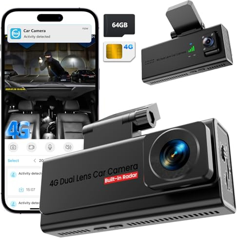 Dash Cam Auto 4G LTE con SIM, Doppia Telecamera per Auto Atti Vandalici, Parcheggio 24/7, Allerte Istantanei, Live-Video & Audio Bidirezionale, GPS, Cloud & SD, Anti-Furto per Flotte & Famiglie