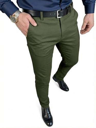 JMIERR Men's Slim Fit Stretch Dress Pants with Elastic Waist Tapered Skinny Trousers Suit Pants for Business Casual Occasions, 38W*30L, Dark Olive Green