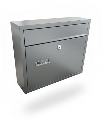 Relaxdays Briefkasten mit Namensschild, HBT: 31 x 36 x 10 cm, wetterfest, 4 Schlüssel, Postkasten Querformat, grau