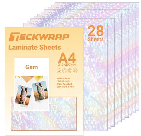 TECKWRAP Holographic Laminate Sheets for Vinyl Sticker Paper A4 28pcs,Gem | Holographic Adhesive Sheets Waterproof Laminate Sheets Clear Vinyl Sticker Laminate DIY Printable Vinyl for Inkjet Printer