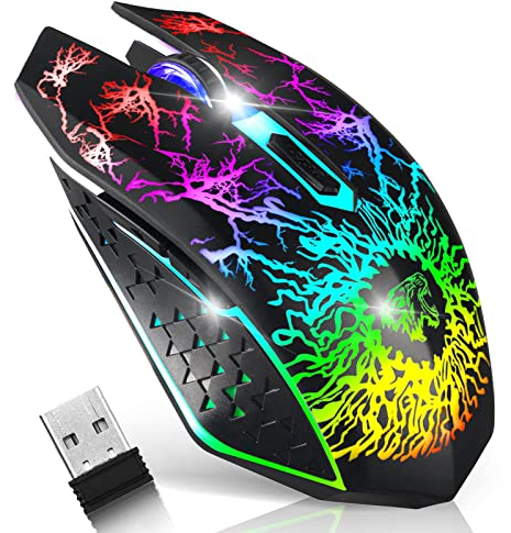 VEGCOO Mouse da gioco senza fili Mouse Gaming Silent Optical Sensor con 1600/1200/800 DPI PC Mouse Gaming con 7 modelli di luce (nero)