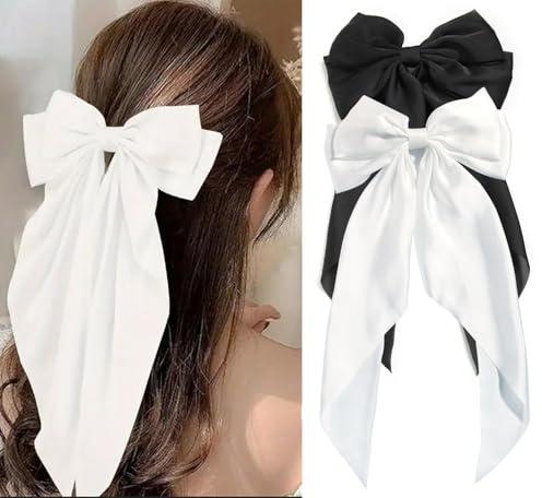 SUSULU Hair Bows for Women Oversized Black White Hair Bow Clips Big Hair Bow Long Tail Large Satin Silky Hair Ribbon Bow Clip Ponytail Hair Accessories for Adult Teens,Pack of 2