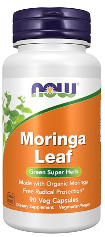 NOW Supplements, Moringa Leaf, Green Super Herb, Made with Organic Moringa, Free Radical Protection*, 90 Veg Capsules