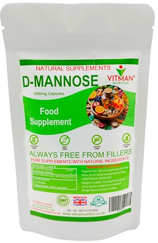 D-Mannose 1000mg, 90 Vegan Capsules, Natural Cystitis Supplement for Women and Men, UK Manufactured