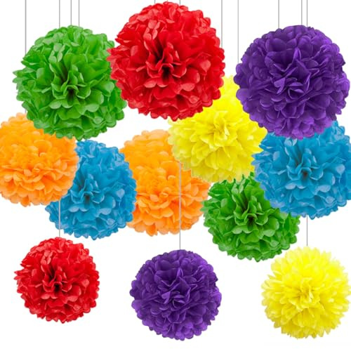 12 PCS Multicolor Paper Pom Poms,Hanging Rainbow Tissue Pom Poms for Mexican Engagement Fiesta Cinco De Mayo Party Decorations