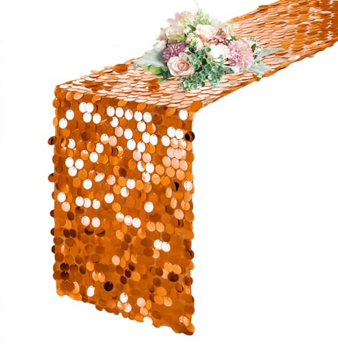 Pufogu 12 x 108 Sequin Table Runner, Orange Glitter Premium Big Sequin Table Runner, Rectangle Table Runners for Halloween, Christmas, Wedding Party, Birthday Party, Banquet Decor (1 Pack).