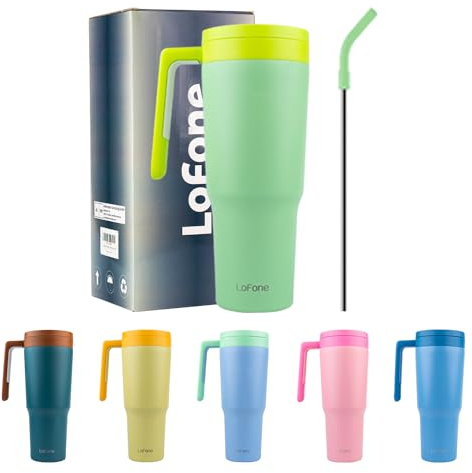 LoFone 1180 ML - 40 OZ Thermobecher aus Edelstahl，Kaffeebecher to Go, Trinkbecher mit Strohhalm, Henkel und Deckel, für Auto Büro heißen und kalten Kaffee Wasser und Tee(Grüner)