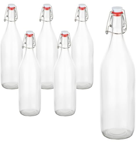 gouveo 6er Set Glasflaschen 1000 ml rund mit Bügelverschluss - Bügelflasche 1 Liter zum Befüllen - Bügelverschlussflasche für Wasser, Limonade, Saft und Spirituosen (BFR1000)