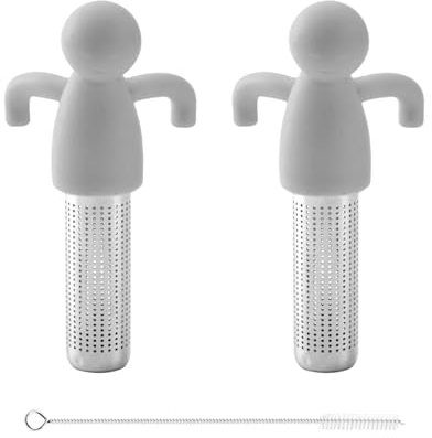 2 colino da tè grigio in acciaio inox, 1 spazzola di paglia, colino da tè con manico in silicone, filtro da tè, brodo creativo umanoide, filtro per residui di tè, filtro a maglia grossa